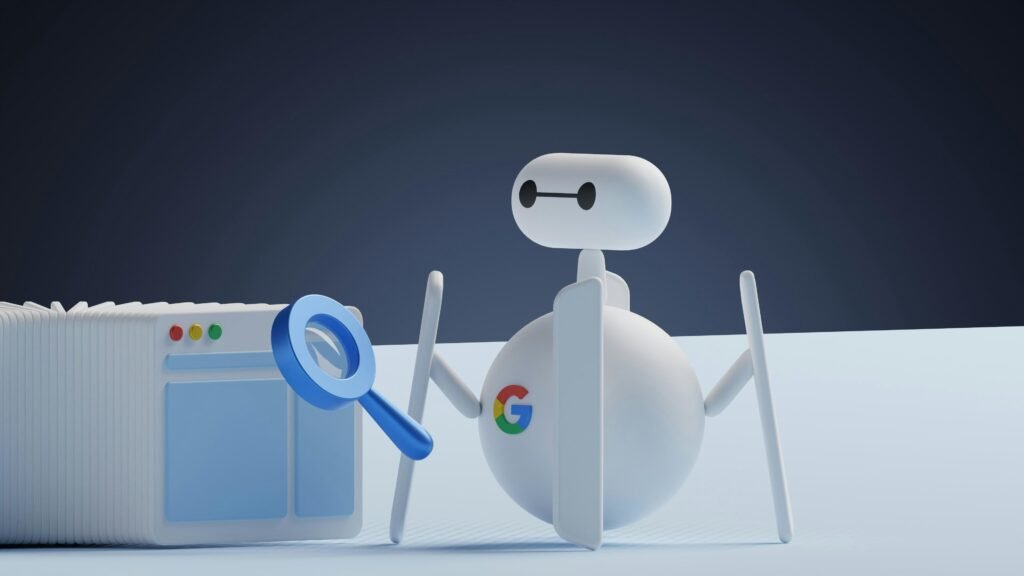 Weißer Roboter hält eine Lupe und betrachtet eine weiße Box, Symbol für technische Innovation und Analyse in der SEO-Branche.