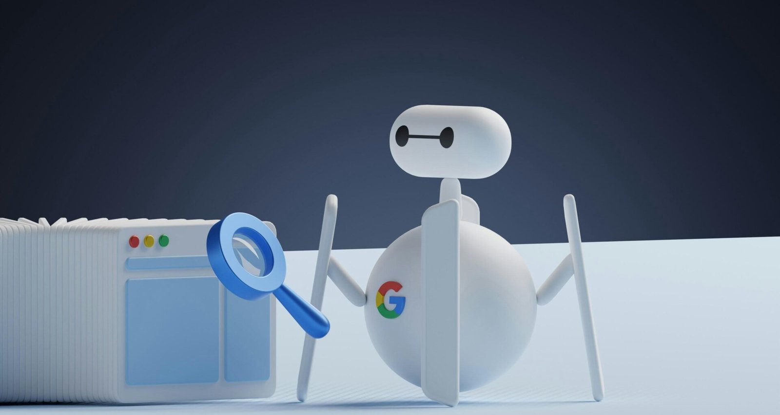 Weißer Roboter hält eine Lupe und betrachtet eine weiße Box, Symbol für technische Innovation und Analyse in der SEO-Branche.