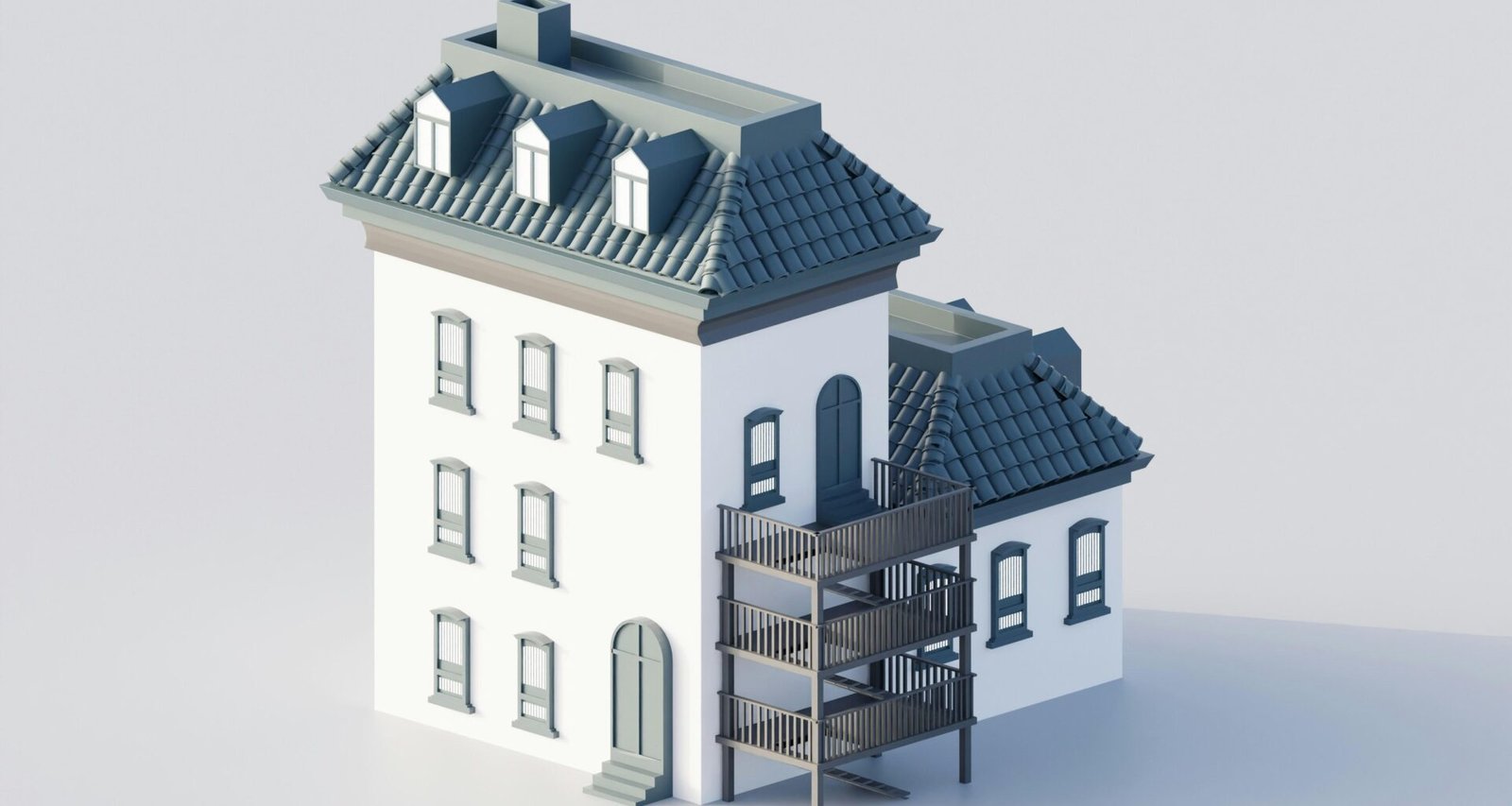 Weißes Gebäude mit dunklem Dach und mehreren Balkonen, moderne urbane Architektur, aufgenommen von A.Rahmat MN.