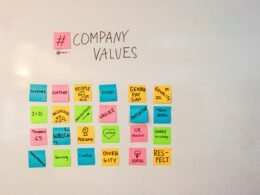 Whiteboard mit zahlreichen bunten Post-it-Notizen, genutzt für Team-Brainstorming und agile Planung in einem modernen Arbeitsumfeld