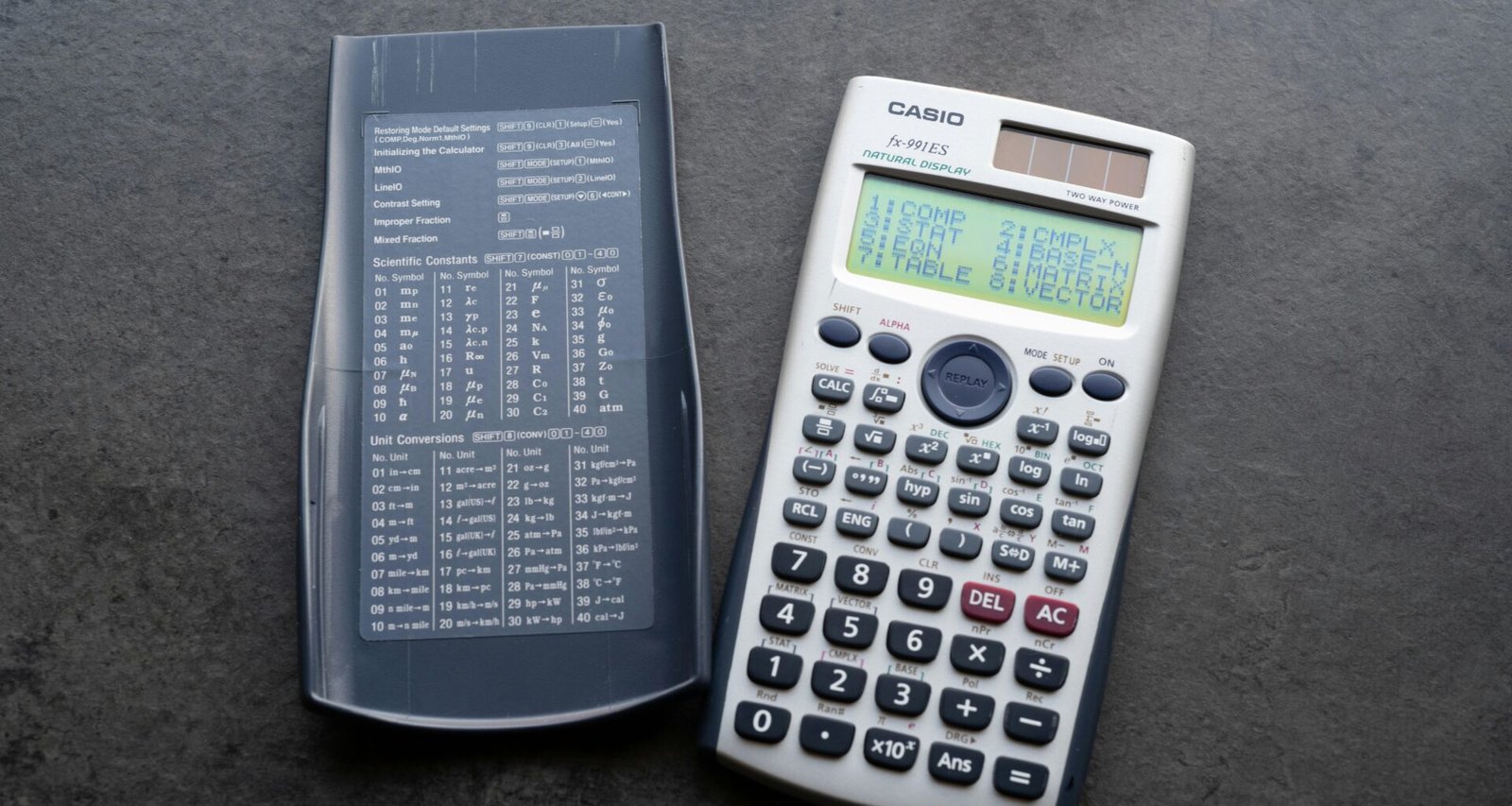 Ein moderner wissenschaftlicher Taschenrechner mit offenem Deckel liegt auf einem Tisch, ideal für mathematische Berechnungen.