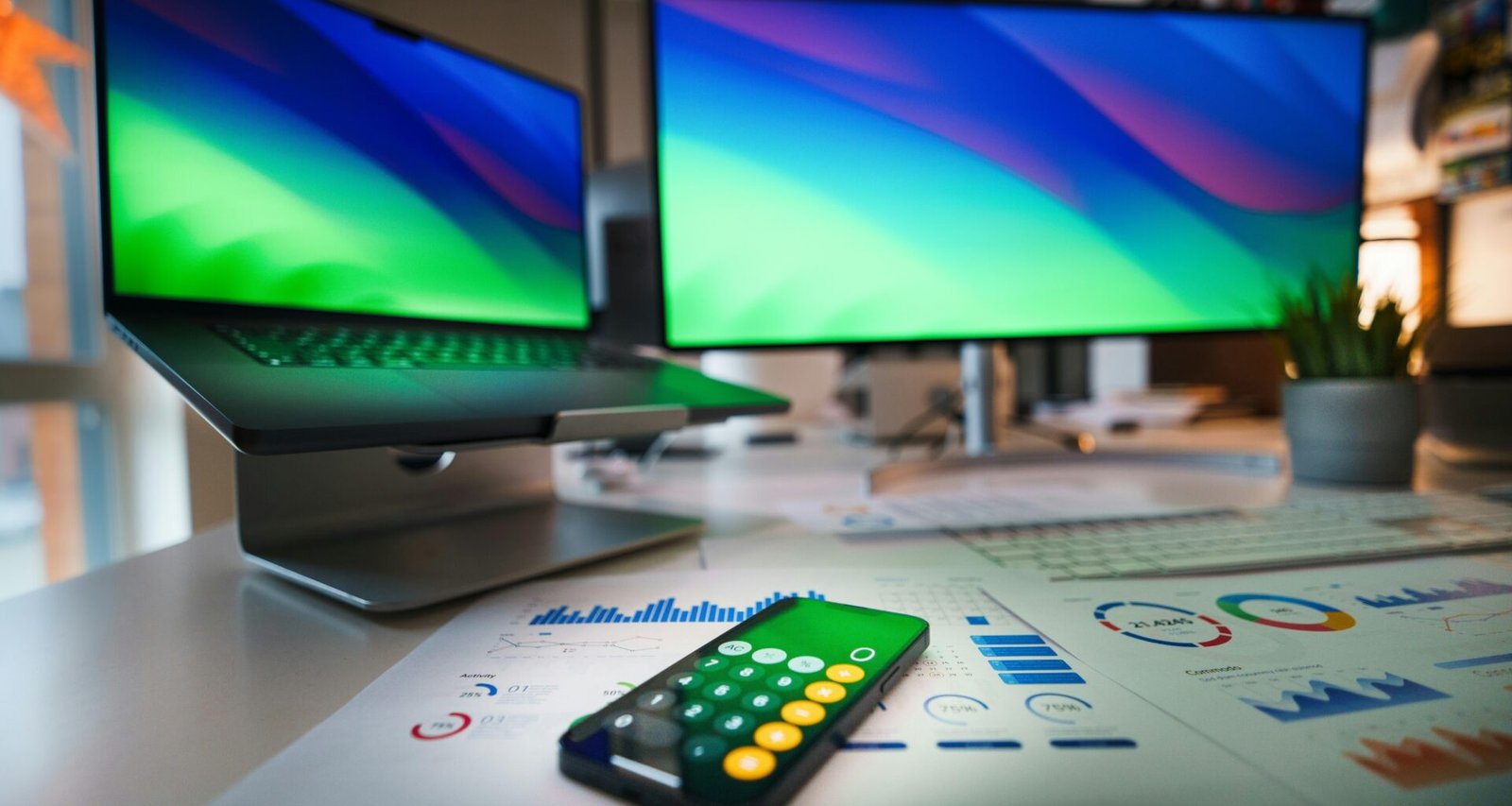 Eine Fernbedienung liegt auf einem Schreibtisch neben zwei Computer-Monitoren und verdeutlicht einen modernen Arbeitsplatz.