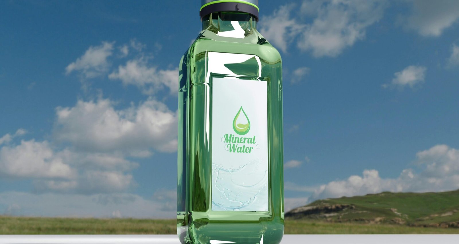 Mineralwasserflasche vor einem bewölkten Himmel, dargestellt als Symbol für Frische und Reinheit