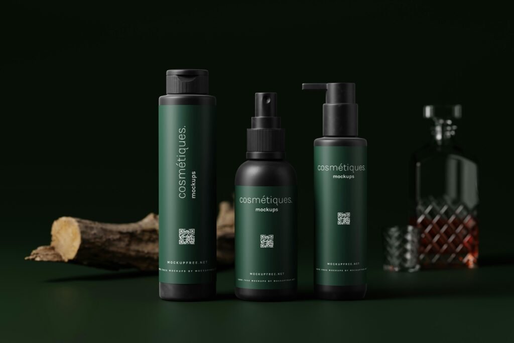 Drei nebeneinander stehende Flaschen, darunter Shampoo und Lotion, in schlichtem, modernem Verpackungsdesign