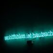 Grünes Neon-Schild mit der Aufschrift 'wultuhten ist hausnace' an einer Wand, fotografiert von Maximalfocus.