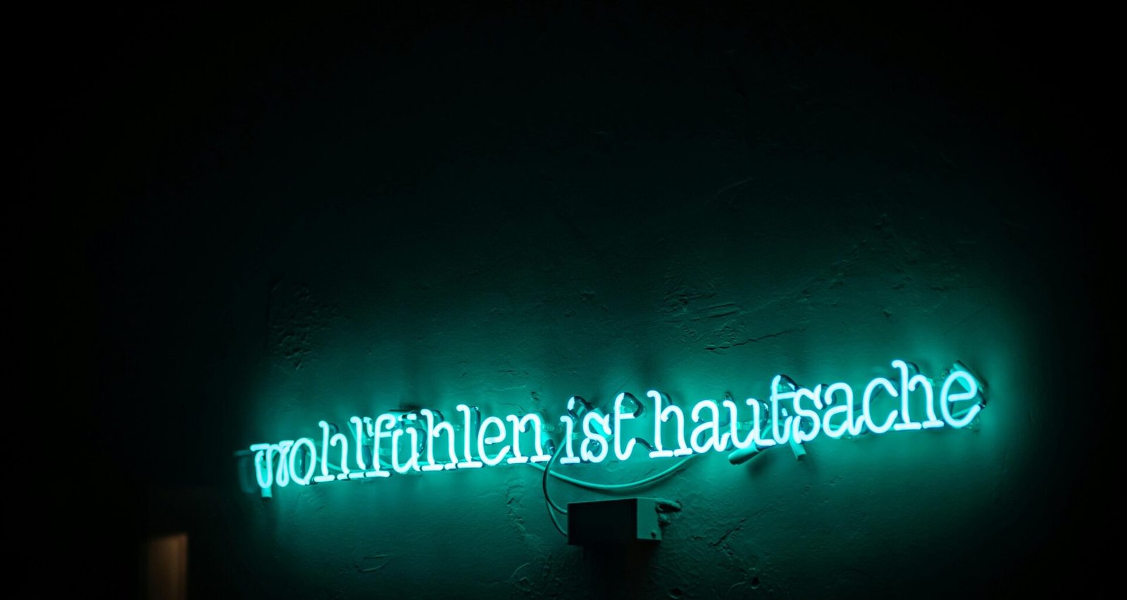 Grünes Neon-Schild mit der Aufschrift 'wultuhten ist hausnace' an einer Wand, fotografiert von Maximalfocus.