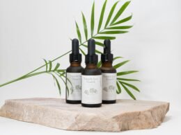 Mehrere Flaschen mit unterschiedlich gefärbten Flüssigkeiten stehen nebeneinander auf einem Tisch.