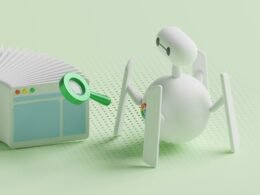 Kleine weiße menschliche Figur steht neben einem kleinen weißen Objekt auf hellem Untergrund. Minimalistische Komposition.