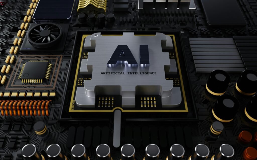 Detaillierte Nahaufnahme einer Computerplatine mit zentral platziertem Logo auf der Oberfläche