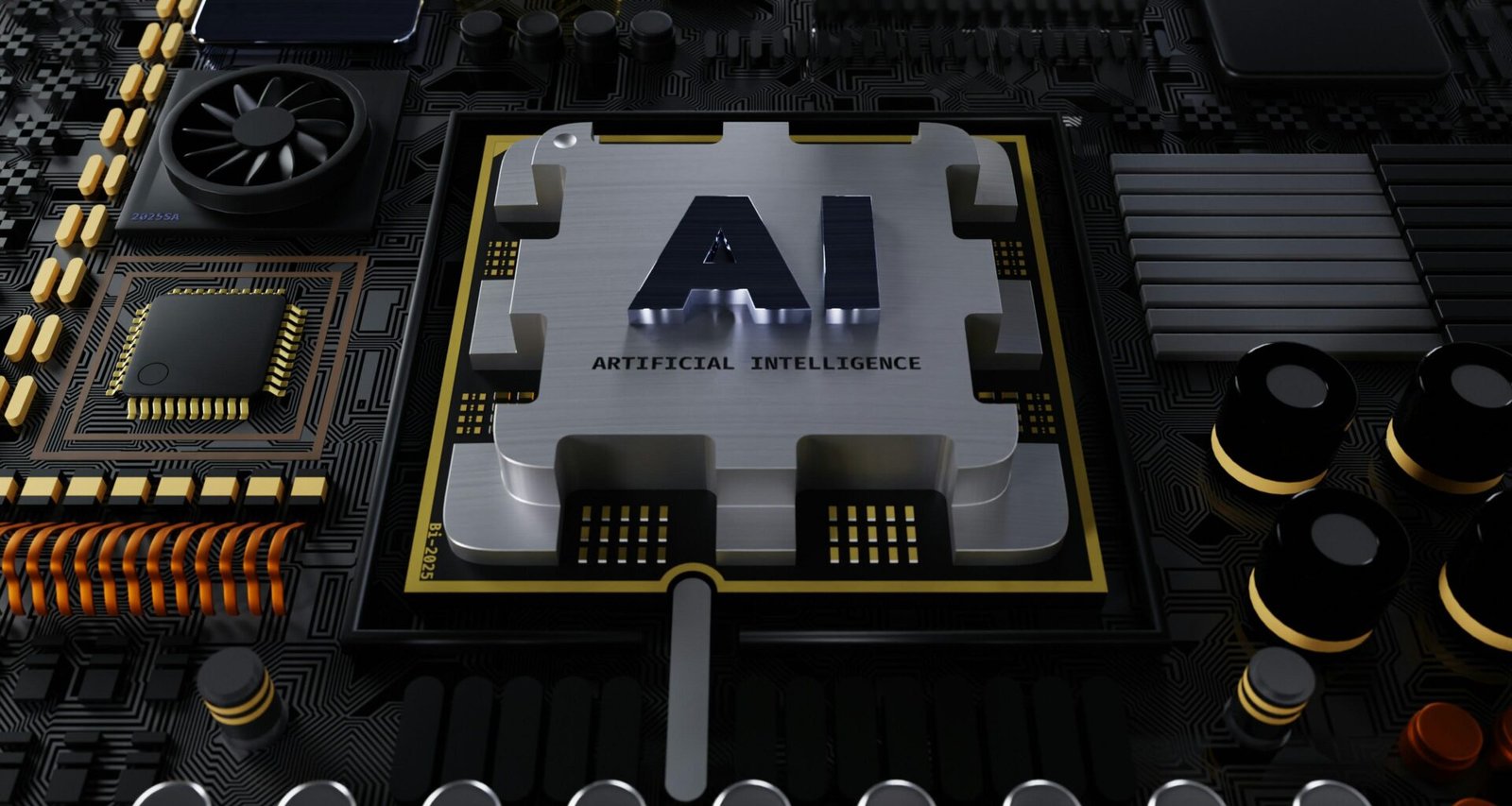 Detailansicht einer Computerplatine mit sichtbarem Logo in der Mitte, geeignet für Technik- und IT-Themen