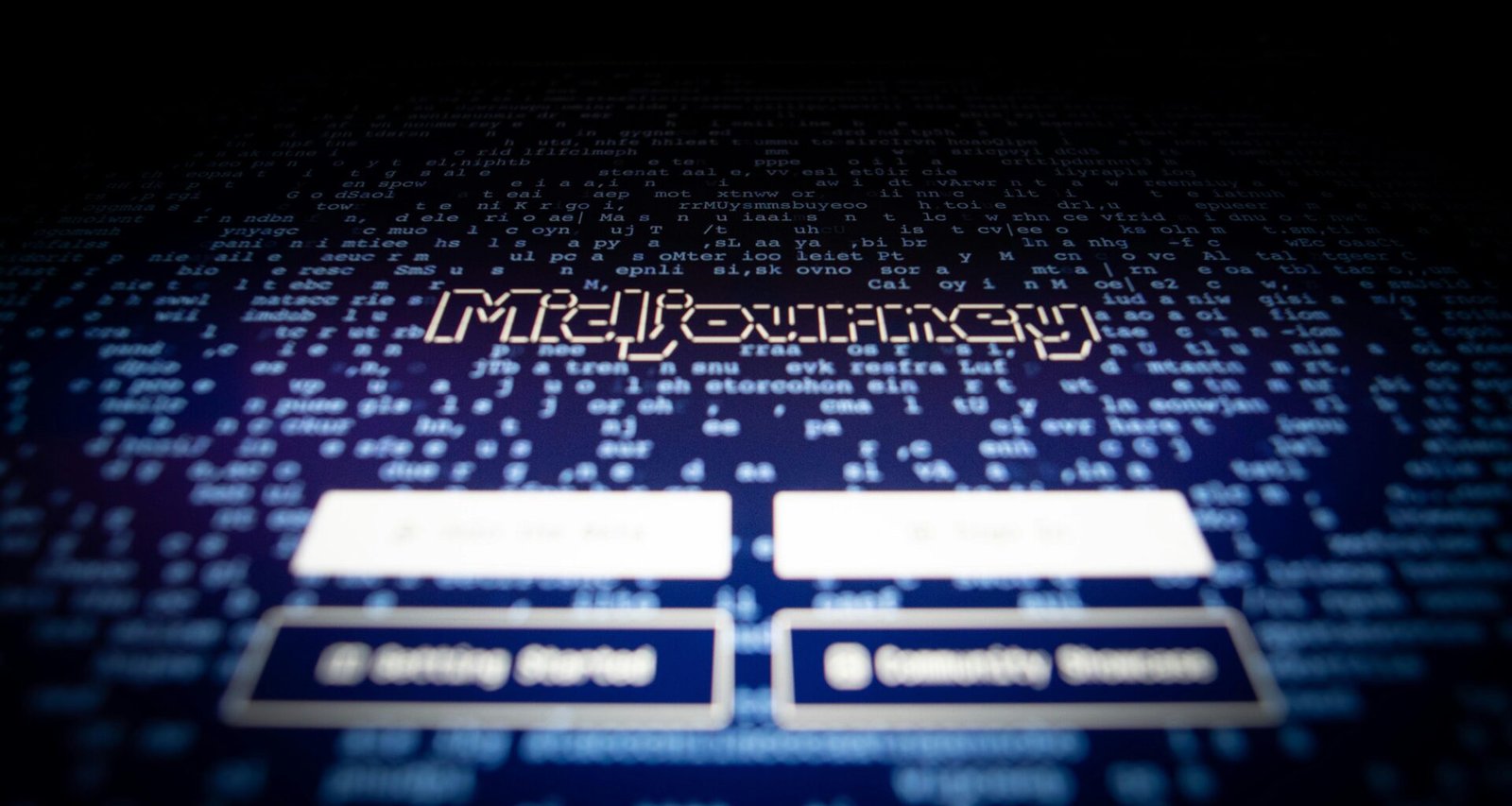 Nahaufnahme eines Computerbildschirms, auf dem der Schriftzug 'mid - journey' angezeigt wird