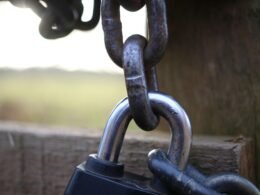 Nahaufnahme eines Vorhängeschlosses an einem alten Holzzaun, als Symbol für Datenschutz und Sicherheit im Internet.