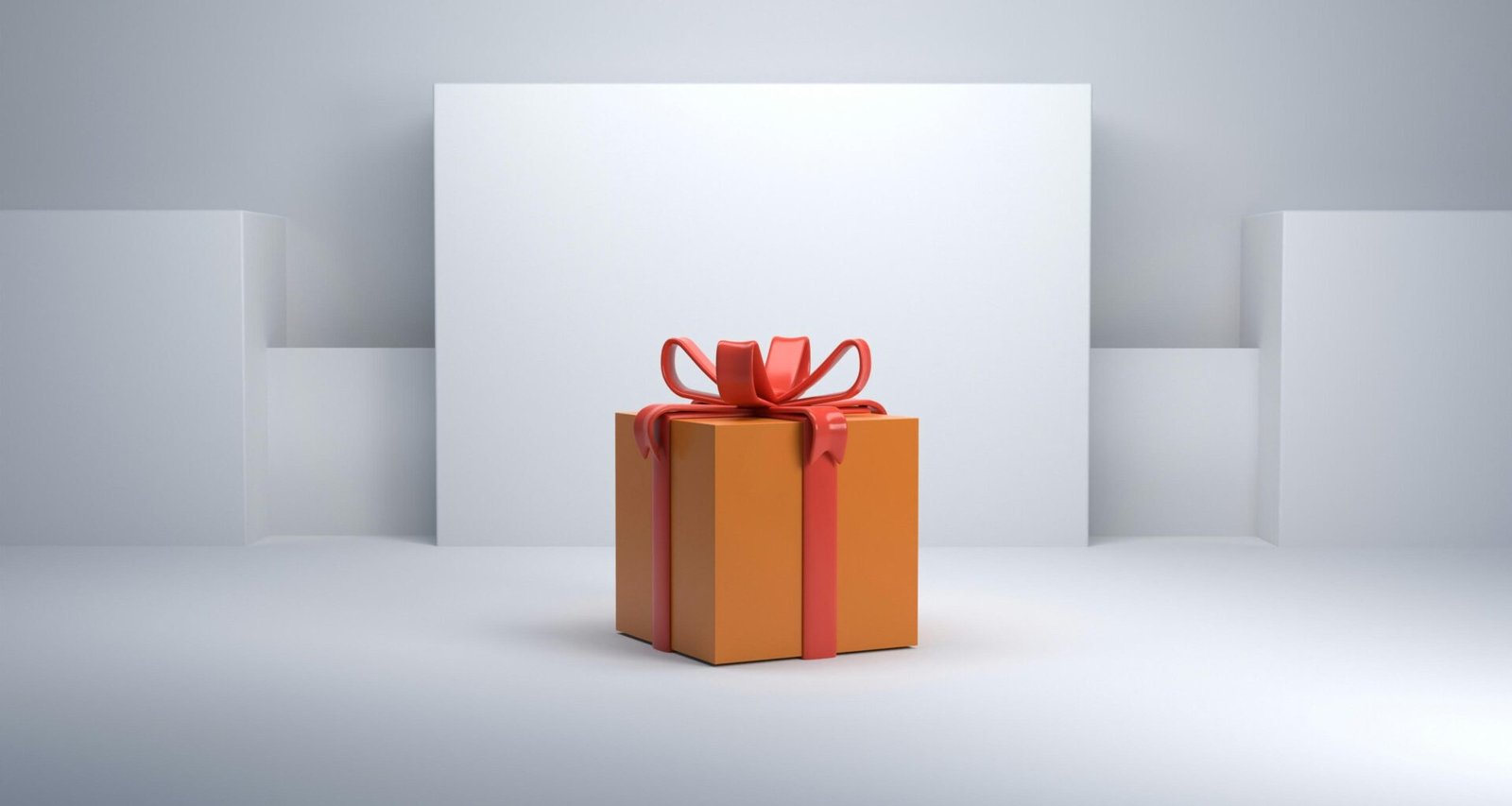 Orange Geschenkbox mit roter Schleife, detailiert aufgenommen auf hellem Hintergrund, als Symbolbild für Geschenke und Anlässe