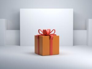 Orange Geschenkbox mit roter Schleife, detailiert aufgenommen auf hellem Hintergrund, als Symbolbild für Geschenke und Anlässe