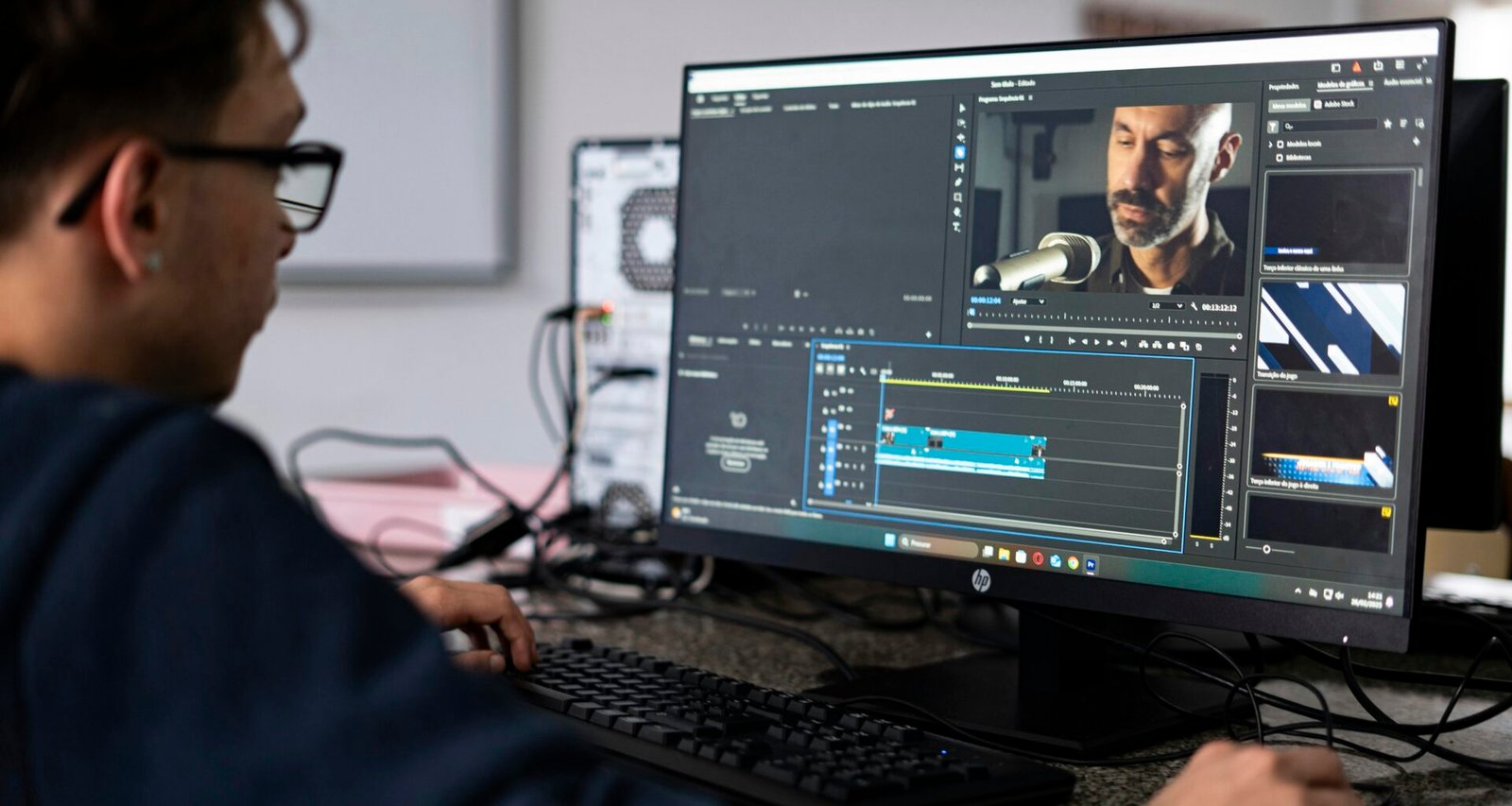 Person arbeitet an einem Computer und bearbeitet Videodateien mithilfe professioneller Software im Homeoffice.