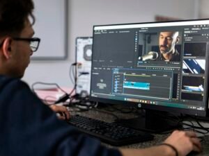 Person bei der Videobearbeitung am Computer mit mehreren geöffneten Programmen und Videospuren auf dem Bildschirm