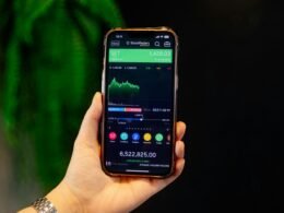 Nahaufnahme einer Person, die ein Smartphone in der Hand hält, Fokus auf das mobile Endgerät.