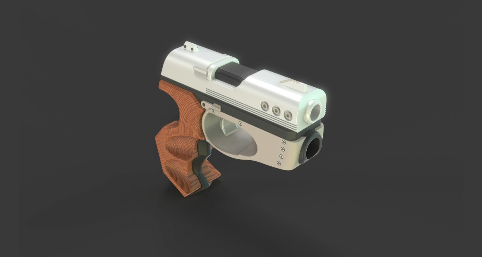 Spielzeugpistole mit Holzgriff auf schwarzem Hintergrund, ideal als Themenbild für Technik- oder Marketingartikel