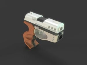 Spielzeugpistole mit Holzgriff liegt auf schwarzem Hintergrund, minimalistisches Objektfoto für Artikel zu Technik und Design