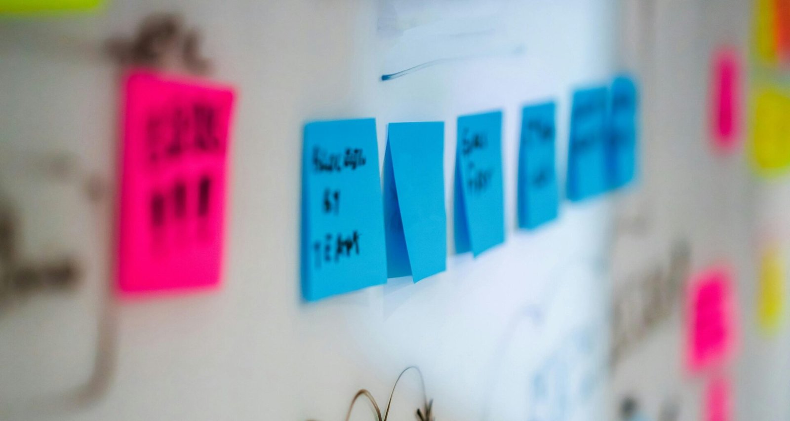 Wand mit verschiedenen farbigen Klebezetteln, die für eine Projektplanung oder ein Brainstorming genutzt werden