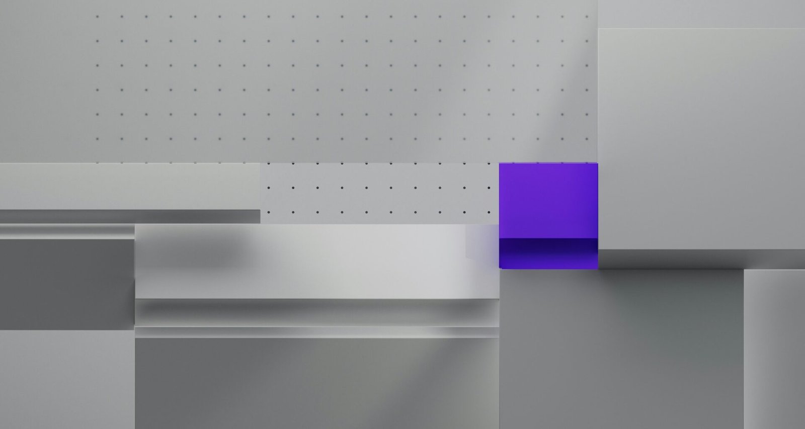 Weiße und lila Wand mit einem zentralen Quadrat, minimalistisches geometrisches Muster, Foto von Milad Fakurian