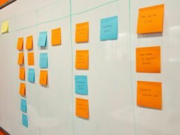 Whiteboard mit zahlreichen bunten Haftnotizen, verwendet zur Planung und Organisation im Büro oder Teammeeting