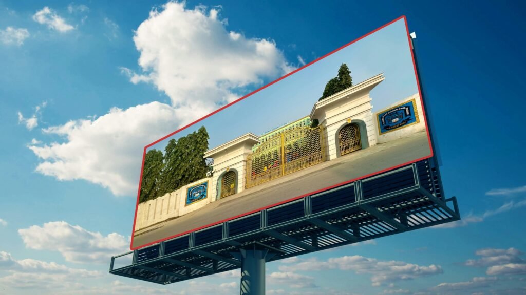 Billboard im urbanen Umfeld mit einem Bild eines modernen Gebäudes im Fokus, aufgenommen aus der Ferne