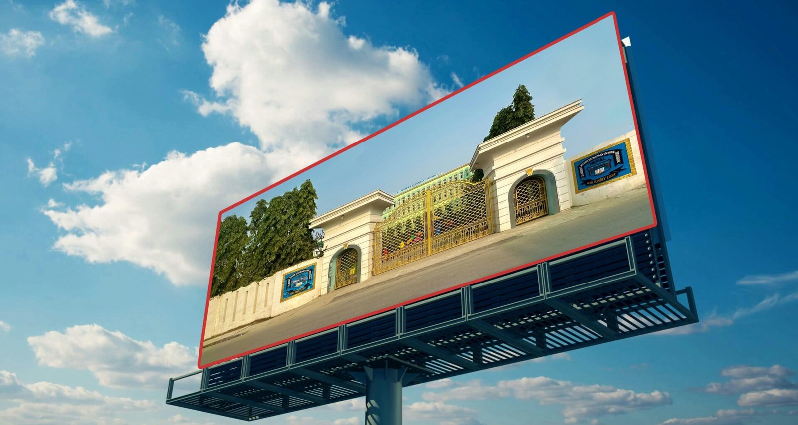 Ein großes Billboard zeigt das Foto eines Gebäudes und steht in einer städtischen Umgebung neben weiteren Bauwerken.