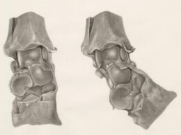 Detaillierte Zeichnung zweier klassischer Knieschoner, nebeneinander angeordnet, auf weißem Hintergrund