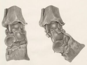 Detaillierte Zeichnung zweier klassischer Knieschoner, nebeneinander angeordnet, auf weißem Hintergrund