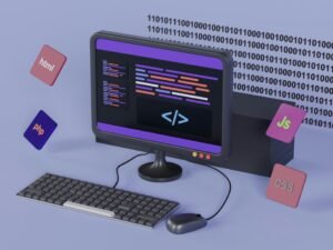 Ein Computer mit externer Tastatur und Maus steht auf einem Schreibtisch, geeignet für Büroumgebungen oder Homeoffice.