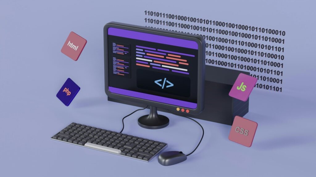 Ein Computer mit angeschlossener Tastatur und Maus auf einem Schreibtisch in einem modernen Büro