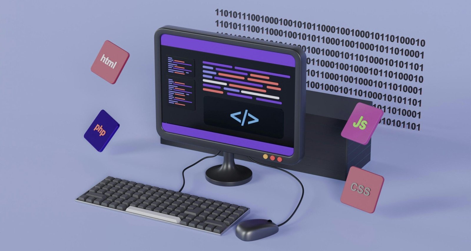 Ein Schreibtisch mit Computer, Tastatur und Maus für die tägliche Arbeit im Bereich Technologie und Online-Marketing.