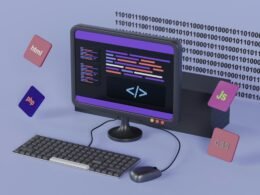 Ansicht eines modernen Arbeitsplatzes mit Computer, Tastatur und Maus auf einem Schreibtisch, ideal für technologische Aufgaben