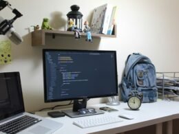 Eingeschalteter Flachbildschirm-Computer auf einem Schreibtisch, moderner Arbeitsplatz im Büro