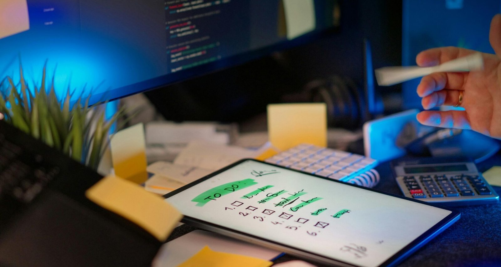 Entwickler sitzt in dunklem Büro vor mehreren Bildschirmen und arbeitet an Programmcode auf verschiedenen Monitoren