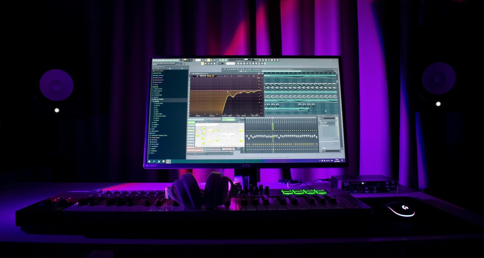 Ein Computerbildschirm zeigt geöffnete Musiksoftware zur Produktion von Tracks mit unterschiedlichen Audio- und MIDI-Spuren.