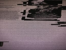 Glitch-Effekt auf digitalem Bildschirm mit abstrakten Mustern und Textfragmenten, aufgenommen von Egor Komarov
