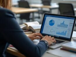 Frau sitzt am Schreibtisch und analysiert digitale Diagramme sowie Grafiken auf einem Laptop