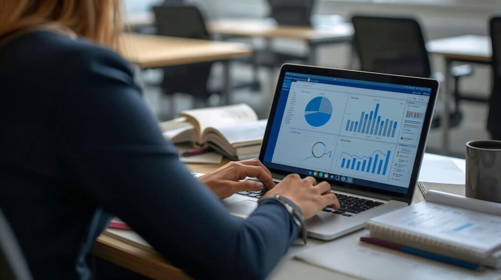 Frau arbeitet am Laptop und betrachtet dabei Diagramme und Statistiken auf dem Bildschirm in einem modernen Büro.