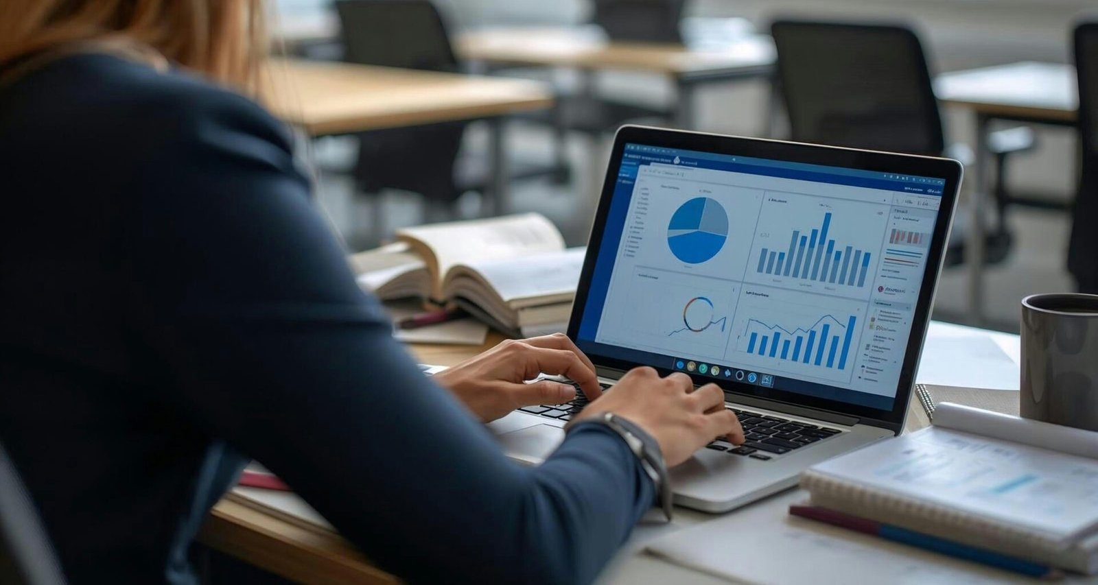 Frau arbeitet am Laptop und betrachtet dabei Diagramme und Statistiken auf dem Bildschirm in einem modernen Büro.