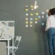 Frau bringt bunte Haftnotizen an eine Wand an und organisiert so Aufgaben oder Ideen im Büroalltag