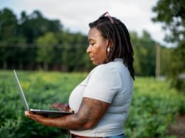 Frau sitzt mit Laptop auf dem Schoß in einem offenen Feld und arbeitet im Grünen an einem sonnigen Tag