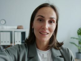 Frau im eleganten Anzug sitzt und schaut direkt in die Kamera, professionelle Business-Atmosphäre