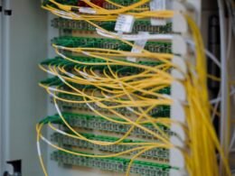 Gelbe und grüne Kabel sind ordentlich nebeneinander angeschlossen und zeigen eine strukturierte Verkabelung in einem technischen Umfeld.