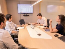 Mehrere Personen sitzen in einem modernen Büro um einen Konferenztisch und besprechen geschäftliche Themen.