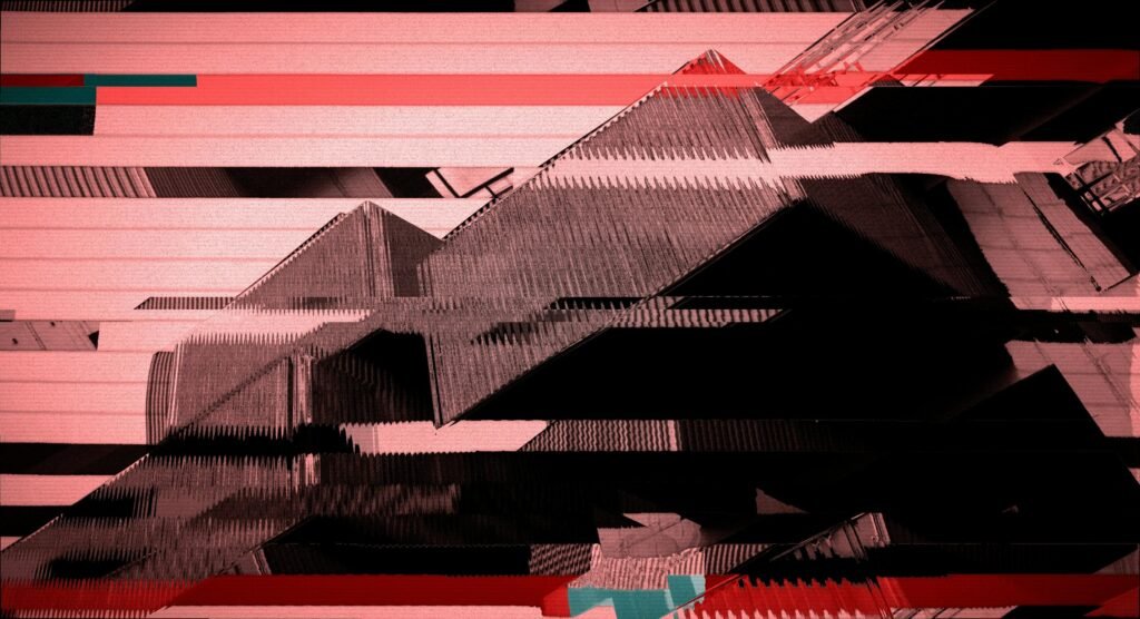 Abstraktes Bild einer glitchartigen Berglandschaft mit roten Akzenten auf dunklem Hintergrund