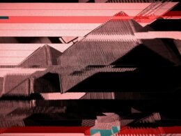 Abstraktes Bild einer glitchartigen Berglandschaft mit roten Akzenten auf dunklem Hintergrund