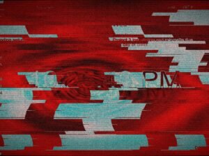 Digitaler roter Glitch-Hintergrund mit Artefakten und textlichen Elementen, im Stil moderner Webtechnologien