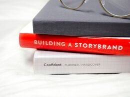 Eine goldene Brille liegt auf einem schwarzen Hardcover-Buch. Das Bild vermittelt einen eleganten, minimalistischen Arbeitsstil.